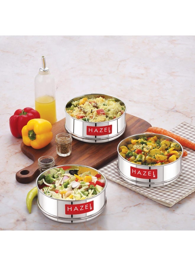 HAZEL Cooker Container | Cooker Vessel Set for 600 ML I Set of 3 with Glossy Finish Stainless Steel Utensil Set | Rice Cooker Dabbas, Stackable Cooker Separators, Silver - Image 3