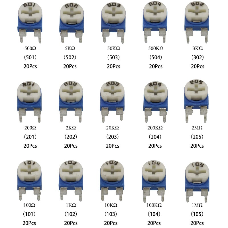 Raogoodcx 300Pcs 15 Value 100 ohm- 2M ohm Trim pots Variable Resistor 6mm Potentiometer Assortment Kit - Image 3