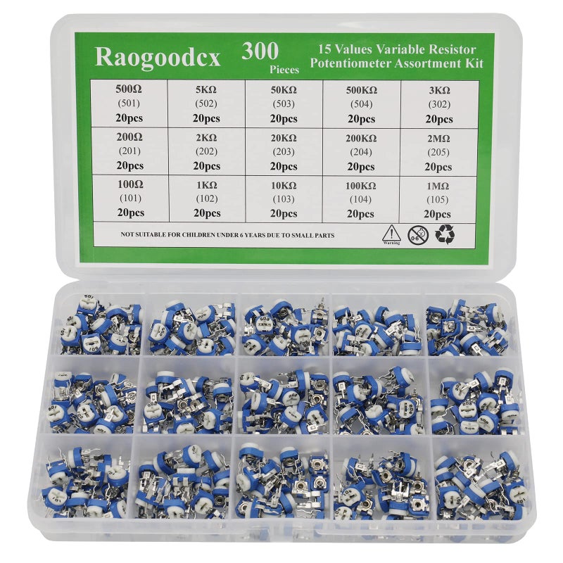 Raogoodcx 300Pcs 15 Value 100 ohm- 2M ohm Trim pots Variable Resistor 6mm Potentiometer Assortment Kit - Image 1