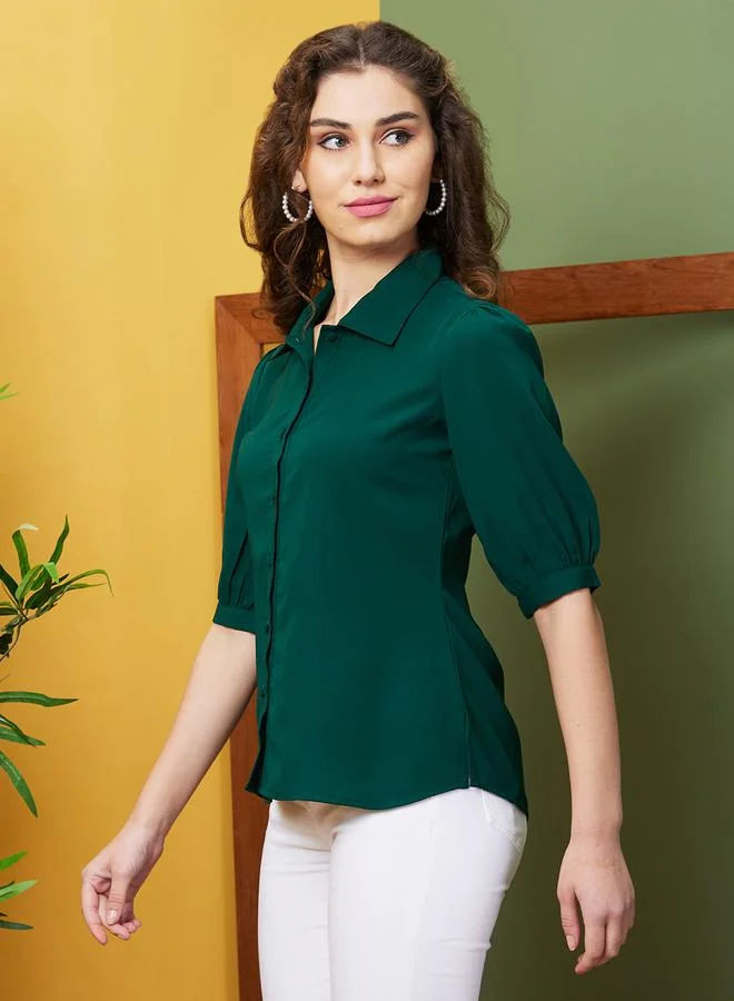 globus Globus Dark Green Puff Sleeve Opaque Workwear Shirt