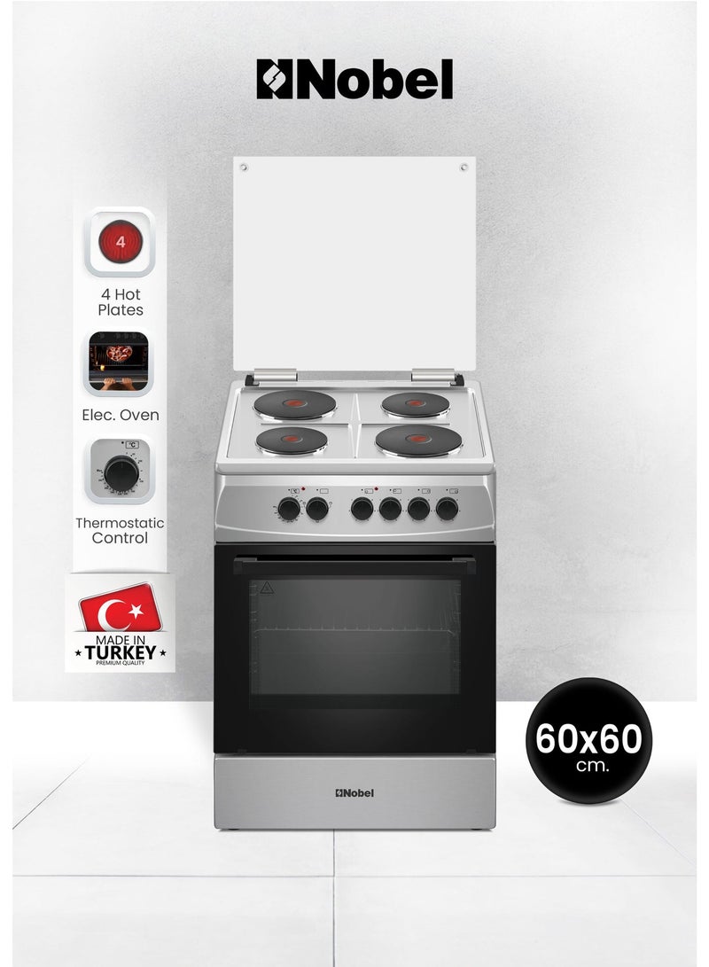Nobel Electric Cooking Range 4-Hotplate Vitroceramic Free Standing 70L Oven Capacity, Double Glass Door, Glass Top Lid, Adjustable Legs, Inox Finish - (1 Year Warranty) 4 NGC6400S silver - Image 1