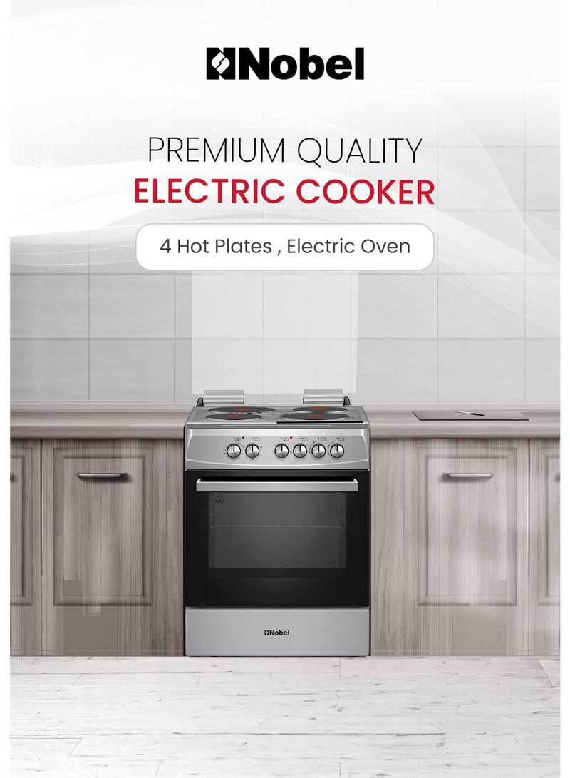 Nobel Electric Cooking Range 4-Hotplate Vitroceramic Free Standing 70L Oven Capacity, Double Glass Door, Glass Top Lid, Adjustable Legs, Inox Finish - (1 Year Warranty) 4 NGC6400S silver - Image 2