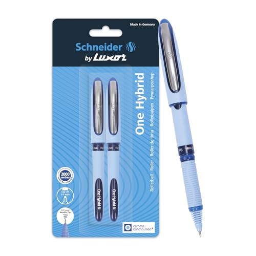 Luxor Schneider, One Hybrid Roller Ball Pen, Pack of 2, 0.5 mm Needle Tip, Ink Colour - Blue, 2000 metres writing length, Cap off Time 2-3 days - Image 1