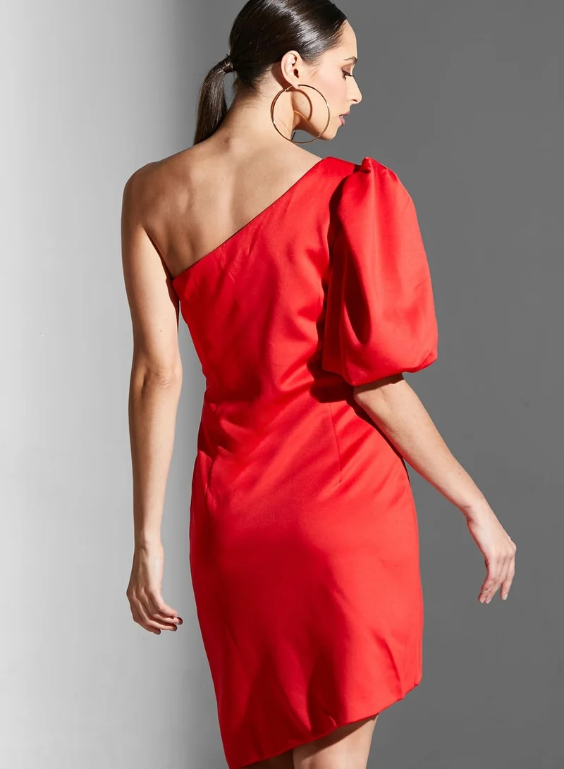 Chi-Chi London One Shoulder Asymmetric Puff Sleeve Dress