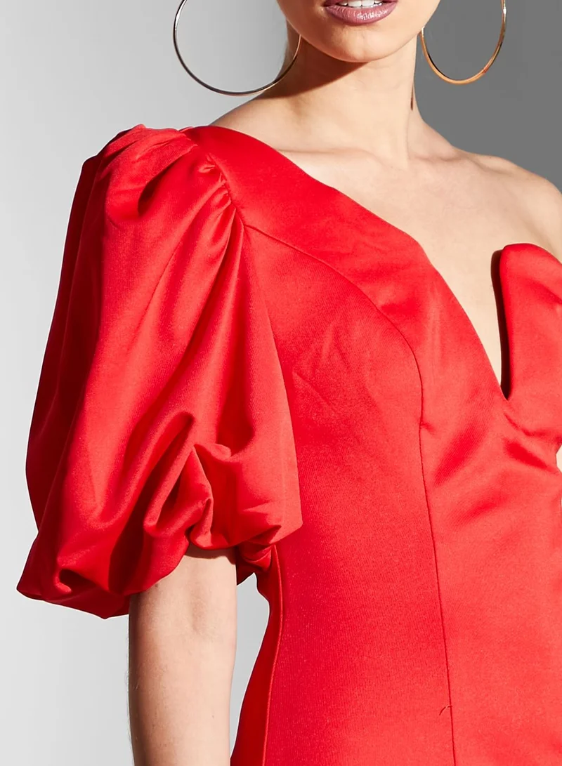 Chi-Chi London One Shoulder Asymmetric Puff Sleeve Dress