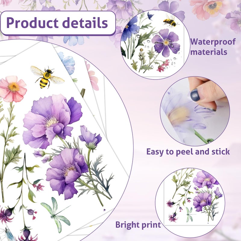 Sondeng 9 Pieces Flowers Wall Decals Flower Decals for Walls Vinyl Flowers Wall Stickers Peel and Stick Removable Butterfly Spring Floral Wall Decals Wall Art Decals Decor for Girls Bedroom Living Room - Image 3