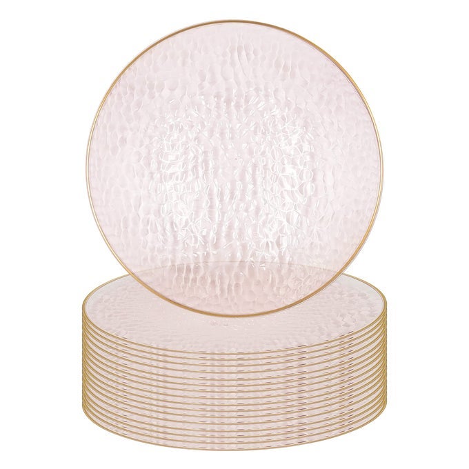 13INCH CHARGER PLATES 16 PACK HAMMERED PINK GOLD RIM HEAVYDUTY DISPOSABLE CHARGERS FOR ELEGANT DINING IDEAL FOR WEDDINGS AND FORMAL EVENTS