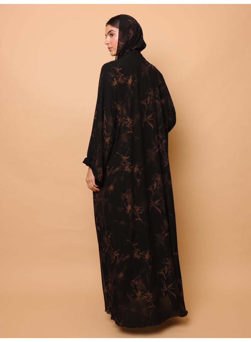 IKKXA Midnight Orange Floral Printed Abaya - Image 4