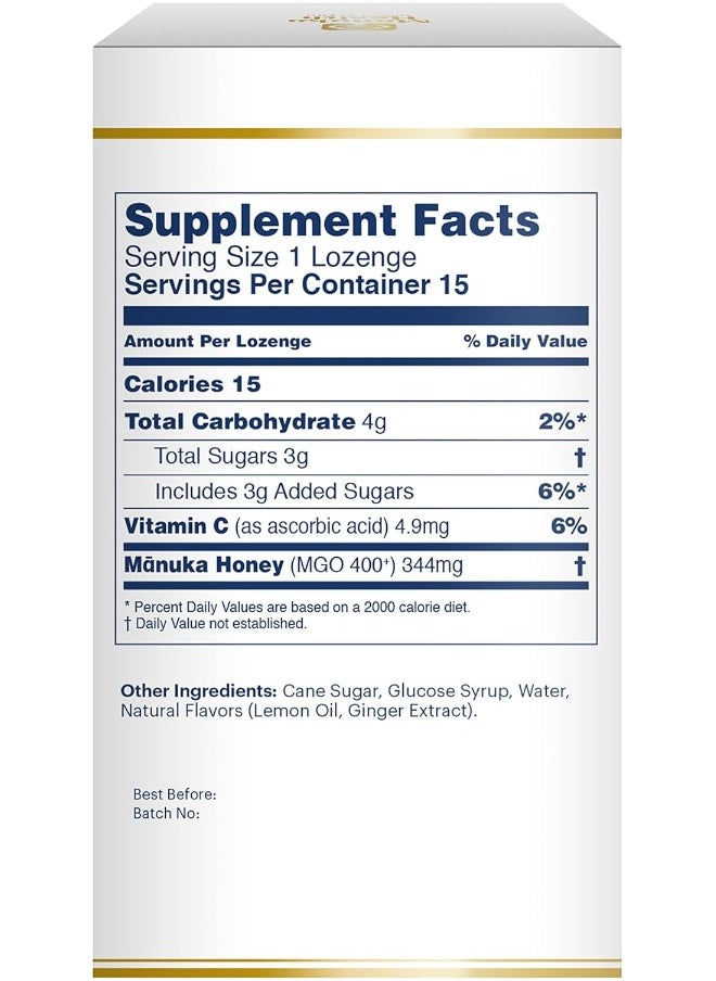 Manuka health - Manuka Honey Lozenges – 15 Lemon And Ginger Flavored Lozenges – Natural Throat Lozenges Infused With Raw Manuka Honey And Vitamin C For Immune Support - Image 1