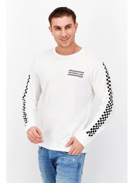 Men Crew Neck Long Sleeve Brand Logo T-Shirts, White/Black