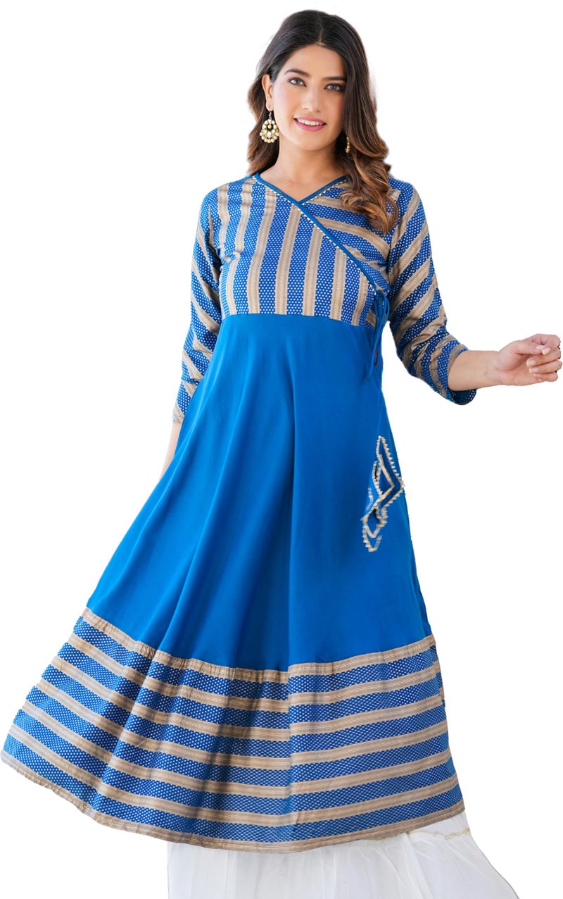 Yash Gallery Women's Rayon Stripe Printed Anarkali Kurti (1527YKBLUE, Blue, S), Regular Fit - Image 1
