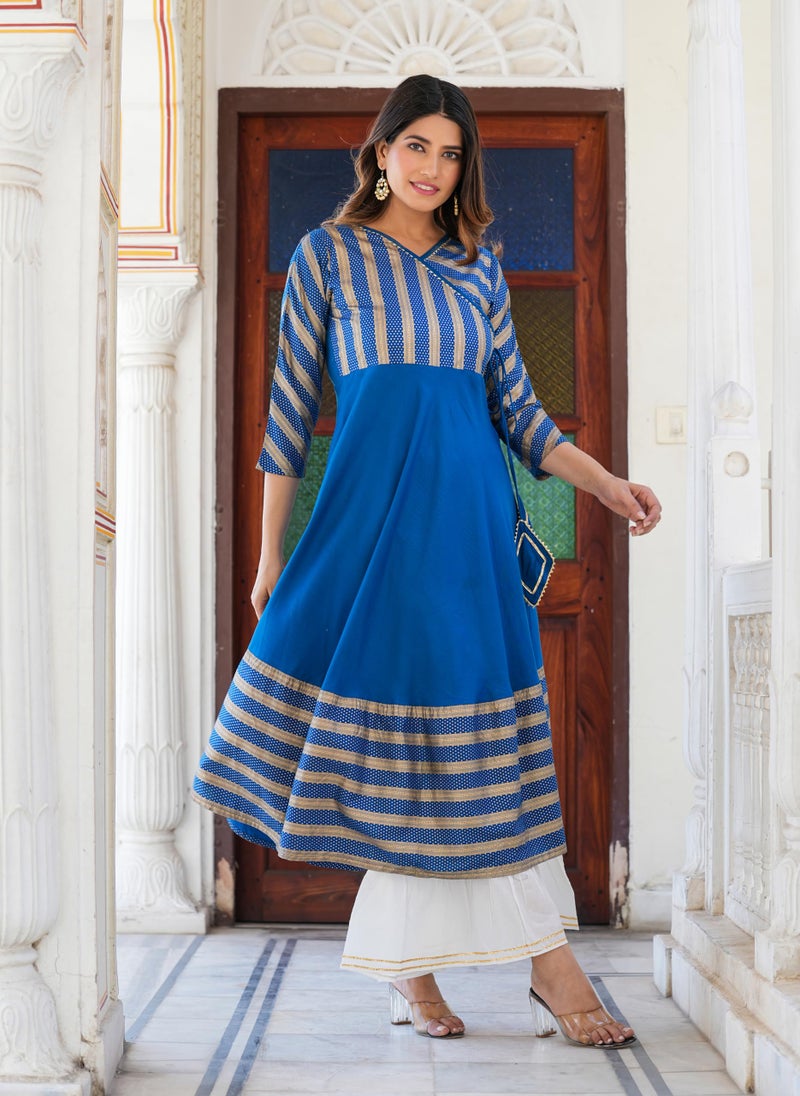 Yash Gallery Women's Rayon Stripe Printed Anarkali Kurti (1527YKBLUE, Blue, S), Regular Fit - Image 3