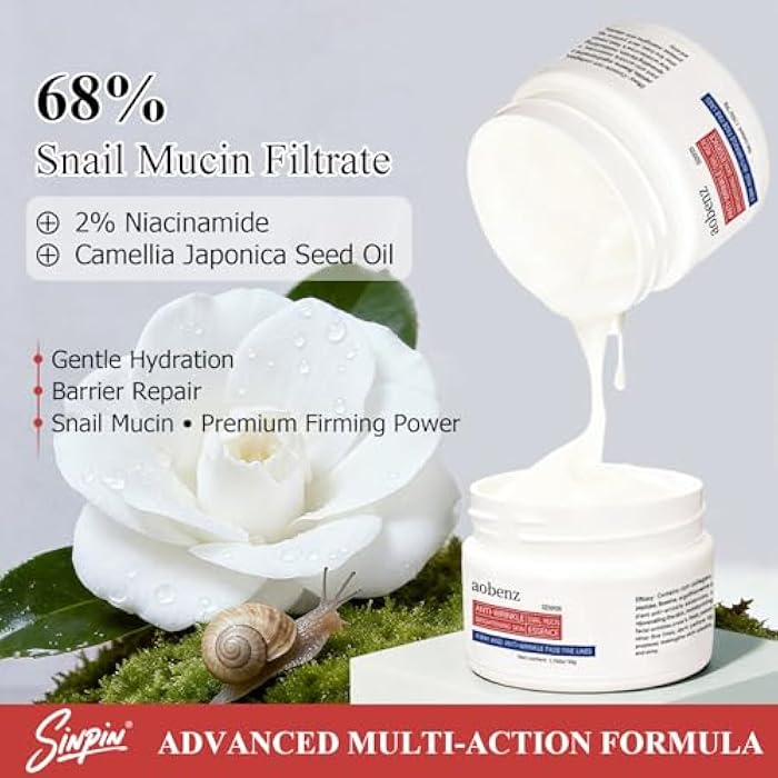aobenz Snail Mucin Moisturizer - Snail Mucin 68%, Niacinamide 2%, Hyaluronic Acid | Firming & Hydrating Night Cream for Face, Neck | Anti Wrinkle, Tightening, Repair |For All Skin Types, 1.76FL(1PCS) - Image 2