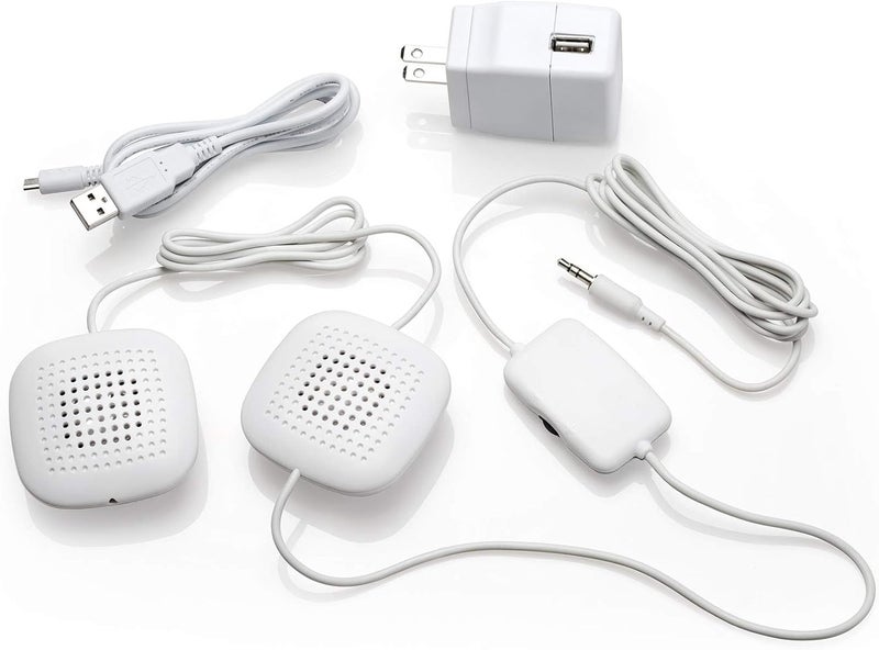 Sound Oasis مكبرات صوت وسادة ساوند أواسيس المعززة، 2 مكبر صوت ستيريو فائق النحافة، تحكم في الصوت، صوت محيطي للموسيقى، النوم، إخفاء الطنين، يتصل بمصدر صوت خارجي.