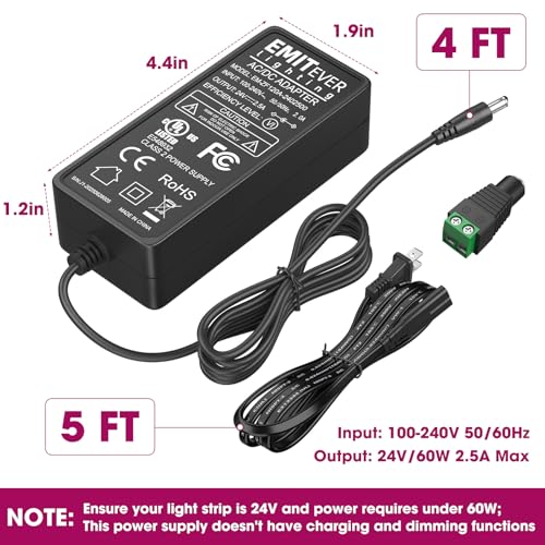 EMITEVER 24V Power Supply, 60W LED Power Adapter UL-Listed, 100-240V AC to 24V DC 2.5A Converter Lighting Transformers for LED Strip Lights,CCTV Cameras - Image 5