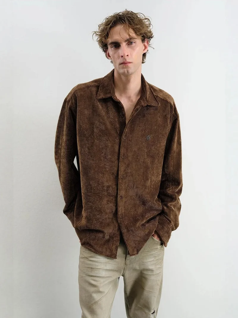 Giesto Coffee Brown GIESTO Oversized Velvet Shirt for Men | Best Price UAE