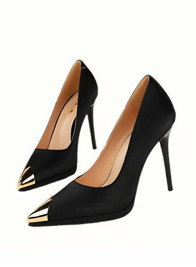 BIGTREE Women's Elegant Stiletto Pumps Closed Metal Pointed Toe High Heels Black 11.5CM - Image 1