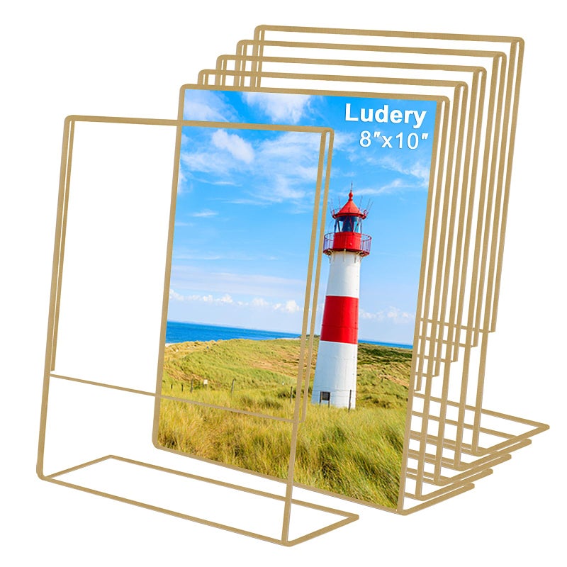 Ludery 8x10 Gold Picture Frames, Clear Frameless Picture Frames, 6 Pack Acrylic Self Standing Photo Frames for Wedding Table Numbers, Restaurant Signs, Photos and Art Display - Image 1