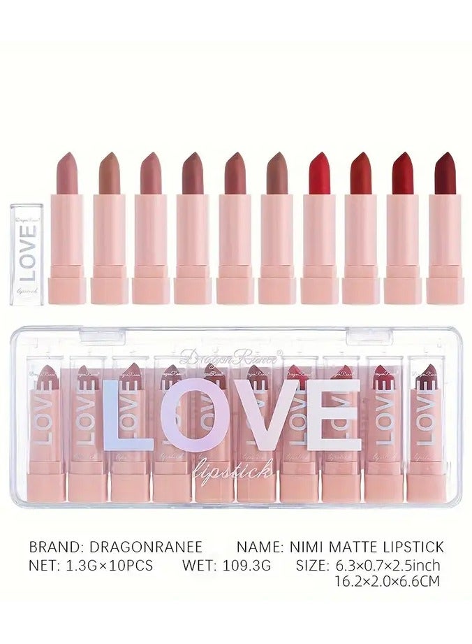 Dragon Ranee مجموعة أحمر شفاه 10 قطع، أحمر شفاه صغير لا يتلاشى وسهل التطبيق، مريح للحمل، مجموعة أحمر شفاه مخملي غير لامع بألوان معجون الفاصولياء، ألوان متعددة لا تتلطخ بسهولة على الأكواب، لمسات مرطبة من اللمعان وأحمر الشفاه - Image 1