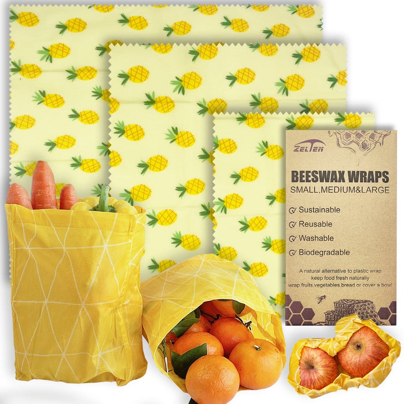 Zelten Beeswax Reusable Food Wraps - (3 Packs, 3 Sizes S,M,L) Plastic and Silicone Free, Eco-friendly Wrap, Wax Paper for Food,Pineapple - Image 1