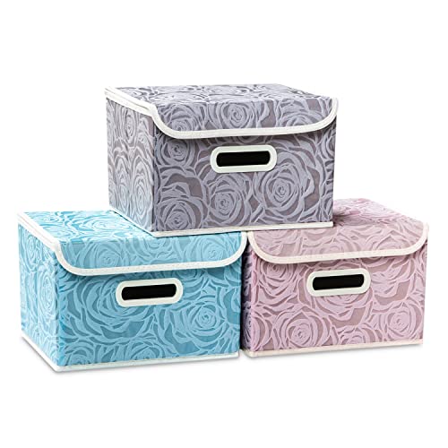 PRANDOM Collapsible Storage Boxes with Lids Fabric Decorative Storage Bins Cubes Organizer Containers Baskets with Cover Handles Divider for Bedroom Closet Living Room 9.8x7.9x6.7 Inch 3 Pack - Image 1