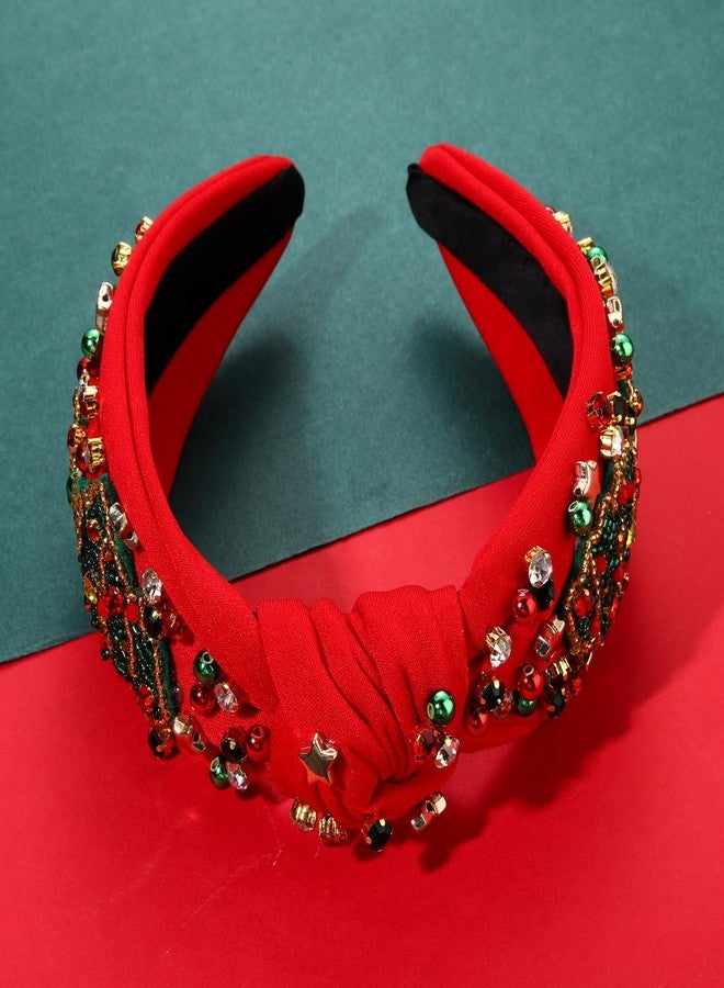 boderier Christmas Headbands for Women Beaded Christmas Tree Headband Jeweled Crystal Star Wide Knotted Headband Xmas Holiday Hair Accessories Gifts (Red-Tree) - Image 3