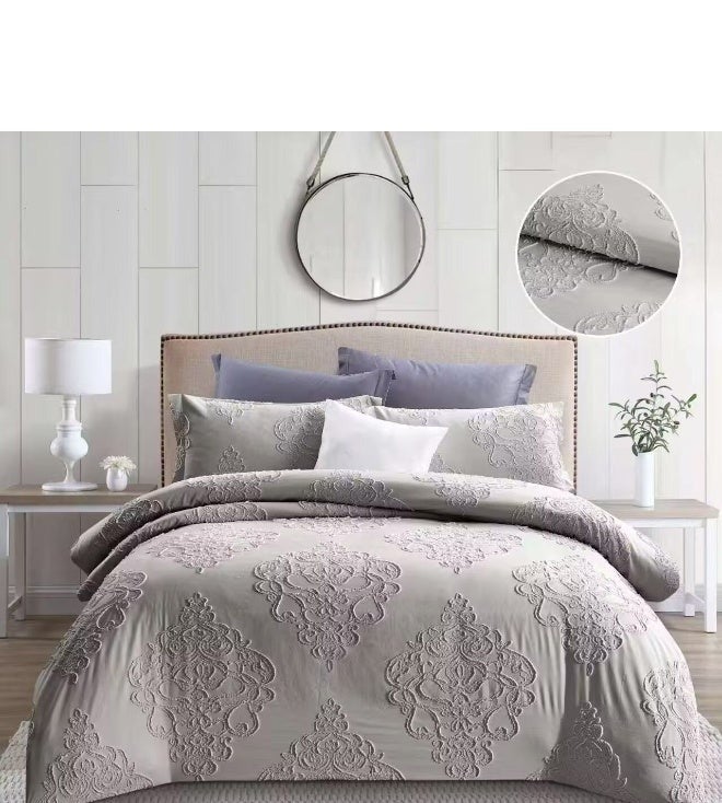 طقم لحاف مقاس كينج، 6 قطع، تصميم مطرز، لحاف مقاس 220x240 سم، شرشف مطاطي مقاس 200x200 سم، غطاء وسادة مقاس 50x75 سم