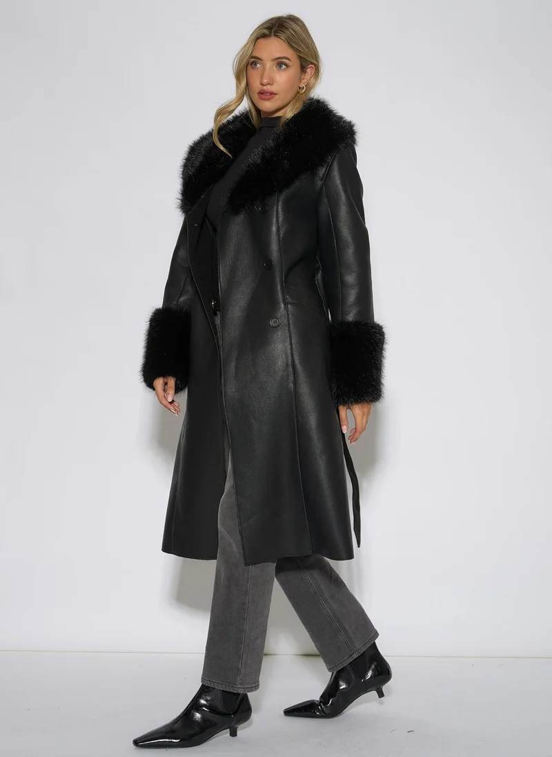Gini London  Black Fur Trim Faux Leather Wrap Longline Coat for Women | Best Price UAE
