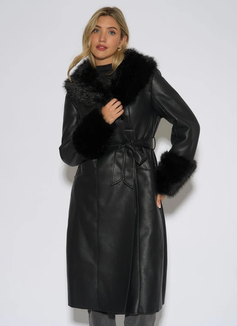 Gini London Black Fur Trim Faux Leather Wrap Longline Coat