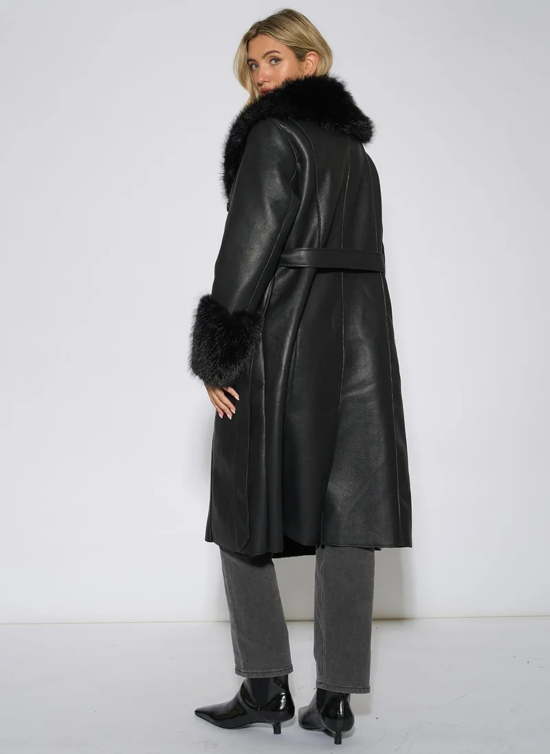 Gini London Black Fur Trim Faux Leather Wrap Longline Coat