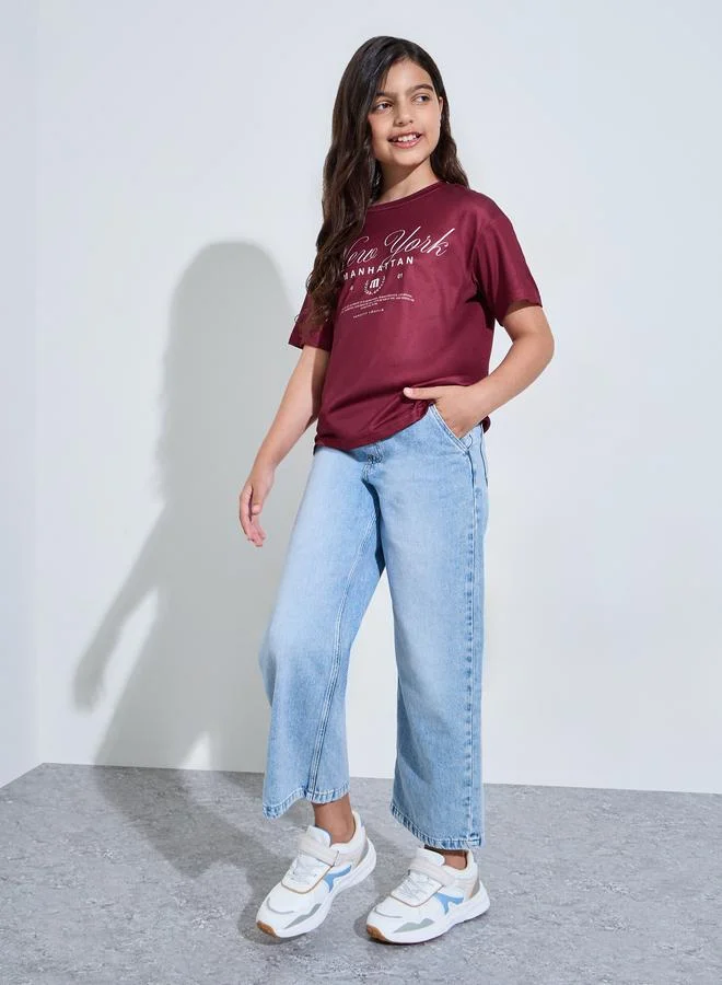 Styli Teen Girls Oversized Burgundy Colorado Print T-Shirt