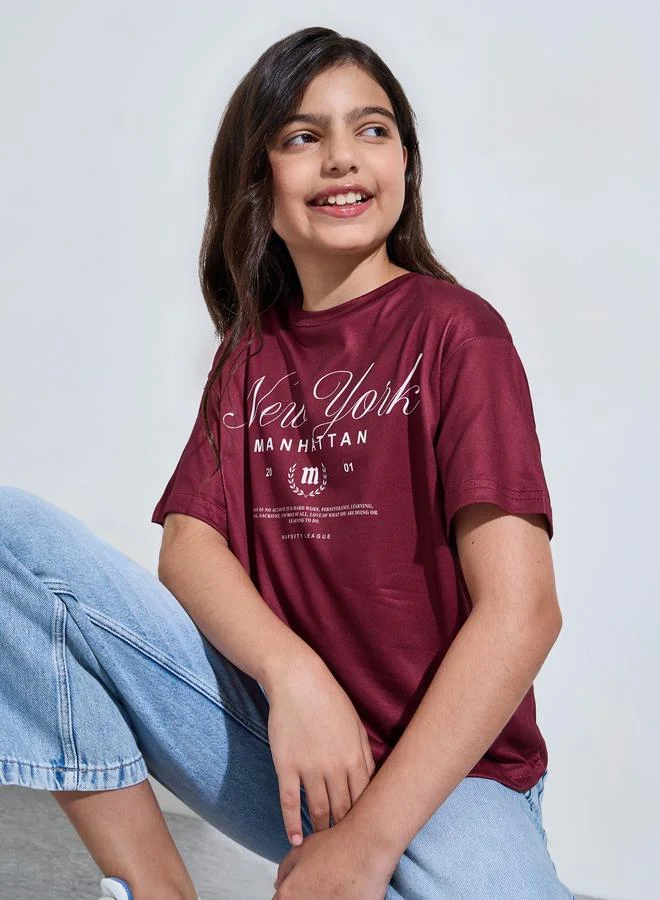 Styli Teen Girls Oversized Burgundy Colorado Print T-Shirt