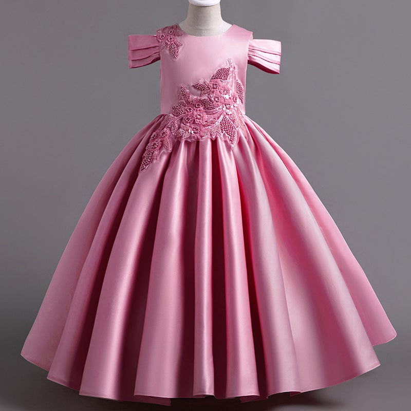 Loquat Children'S Dress Long Princess Dress Satin Light Luxury Dress Party Girl One-Year-Old Host Performance Costume - Image 1
