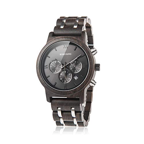 BOBO BIRD Mens Wooden Watches Luxury Wood Metal Strap Chronograph & Date Dispaly Quartz Watch Versatile Male Timepieces (Metal Black) - Image 1