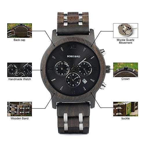 BOBO BIRD Mens Wooden Watches Luxury Wood Metal Strap Chronograph & Date Dispaly Quartz Watch Versatile Male Timepieces (Metal Black) - Image 5