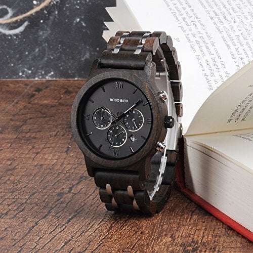 BOBO BIRD Mens Wooden Watches Luxury Wood Metal Strap Chronograph & Date Dispaly Quartz Watch Versatile Male Timepieces (Metal Black) - Image 4