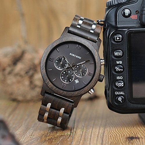 BOBO BIRD Mens Wooden Watches Luxury Wood Metal Strap Chronograph & Date Dispaly Quartz Watch Versatile Male Timepieces (Metal Black) - Image 2