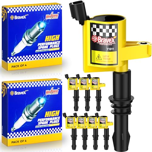 Megaflint High Performance 8PCS Straight Boot Ignition Coils& Spark Plug SP546 15% More Energy Ford F150 F250 F350 for Ford Lincoln Mercury V8 V10 4.6l 5.4l 6.8l Compatible with DG511 C1541 FD508 (YELLOW) - Image 1