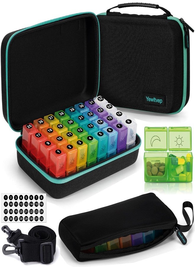 Yewltvep Monthly Pill Organizer 2 Times a Day with Weekly Pill Bag, 30 Day Pill Organizer 2 Times a Day with 32 Compartments, Monthly Stickers, Shoulder Strap, Hard Travel Case Medicine Vitamins Case - Image 1