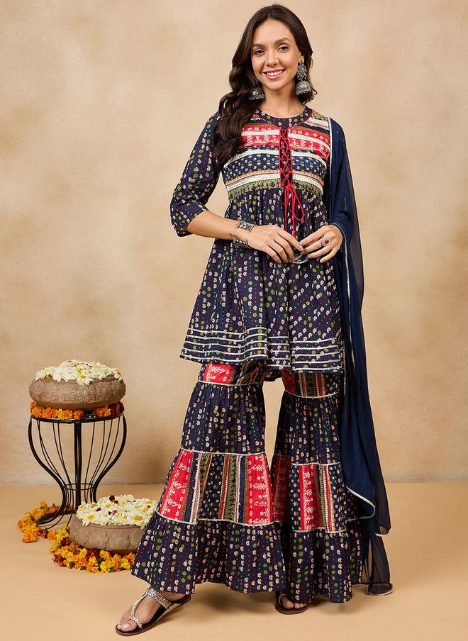 WineRed Navy Ethnic Motifs Printed Kurti With Sharara & Dupatta For Women - Image 1