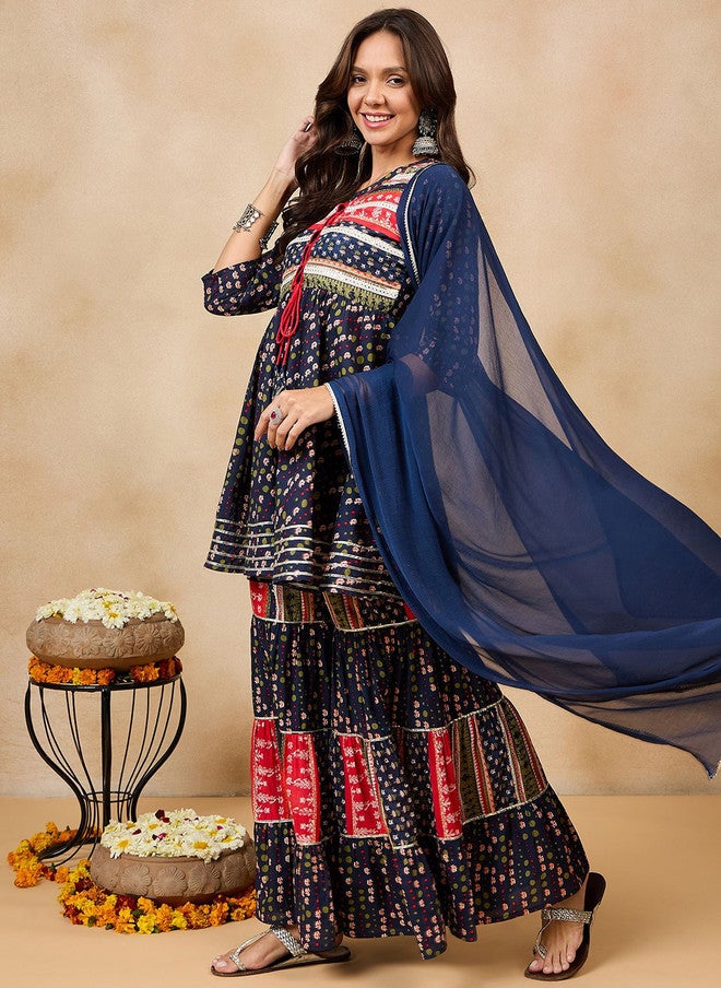 WineRed Navy Ethnic Motifs Printed Kurti With Sharara & Dupatta For Women - Image 5