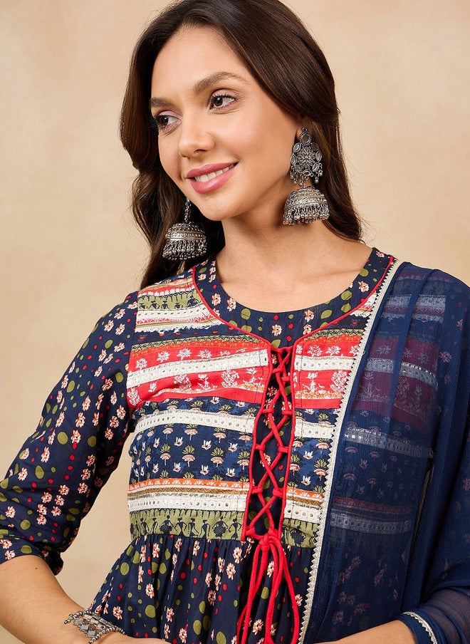WineRed Navy Ethnic Motifs Printed Kurti With Sharara & Dupatta For Women - Image 2