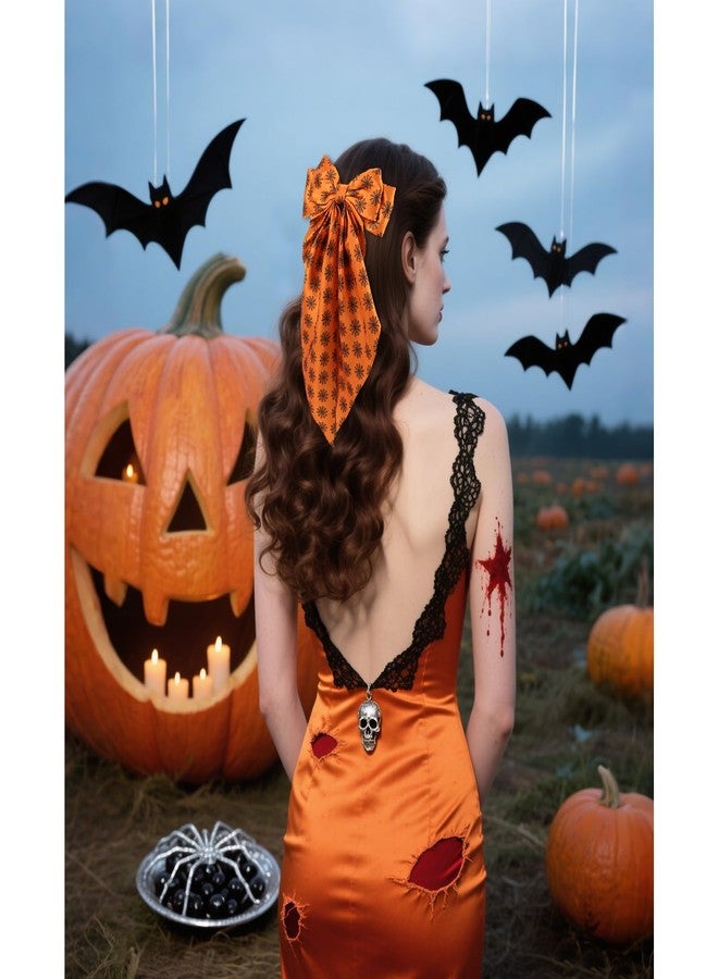 CURASA Halloween Hair Bows For Women Girls 3PCS Satin Hair Ribbons Bowknot Clips Pumpkin Bat Big Bow Purple Long Tail Cute Hair Accessories Barrettes Party Gifts Cosplay (Halloween Orange Black Red) - Image 5