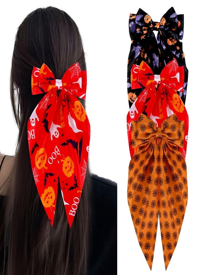 CURASA Halloween Hair Bows For Women Girls 3PCS Satin Hair Ribbons Bowknot Clips Pumpkin Bat Big Bow Purple Long Tail Cute Hair Accessories Barrettes Party Gifts Cosplay (Halloween Orange Black Red) - Image 1