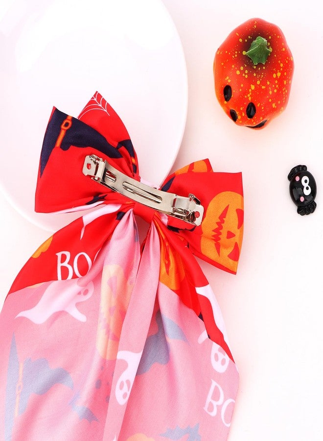CURASA Halloween Hair Bows For Women Girls 3PCS Satin Hair Ribbons Bowknot Clips Pumpkin Bat Big Bow Purple Long Tail Cute Hair Accessories Barrettes Party Gifts Cosplay (Halloween Orange Black Red) - Image 4