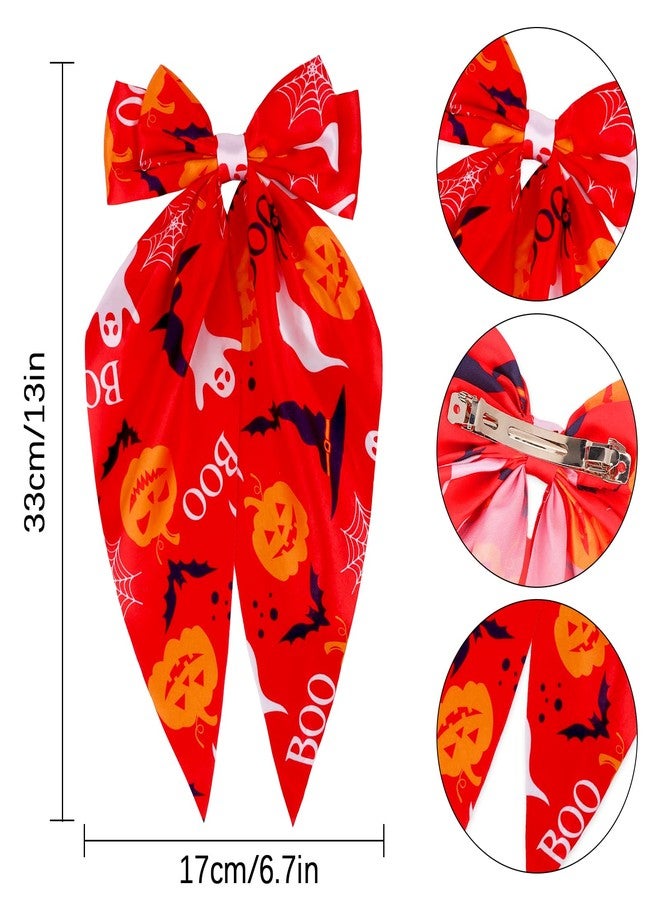 CURASA Halloween Hair Bows For Women Girls 3PCS Satin Hair Ribbons Bowknot Clips Pumpkin Bat Big Bow Purple Long Tail Cute Hair Accessories Barrettes Party Gifts Cosplay (Halloween Orange Black Red) - Image 2