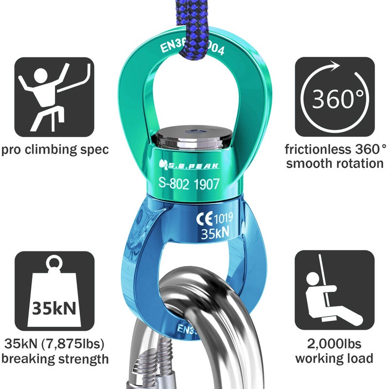 PROND Swing Swivel 35kN Safest Rotational Device, Swing Spinner, Carabiner Swivel, Climbing Rope Swivels for Children’s Web Tree Swing Setting, Aerial Dance, Hanging Hammock (Green Blue) - Image 4