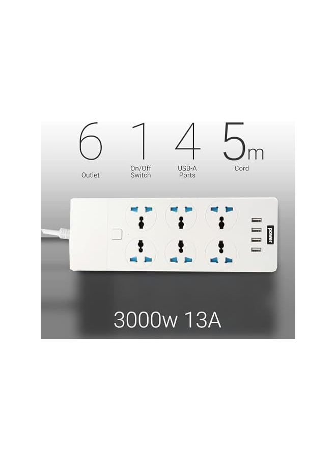 PROMASS promass Power Strip 5M,UK Extension Lead with 4 (2.1A) USB Slots, 6 Gang Electrical Sockets & Built-in Fuse, 3000W Surge & Shutter Protected 5M/16.4FT Wall Mount Extension Cable  - Image 4