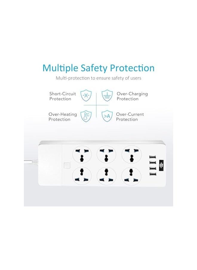 PROMASS promass Power Strip 5M,UK Extension Lead with 4 (2.1A) USB Slots, 6 Gang Electrical Sockets & Built-in Fuse, 3000W Surge & Shutter Protected 5M/16.4FT Wall Mount Extension Cable  - Image 2