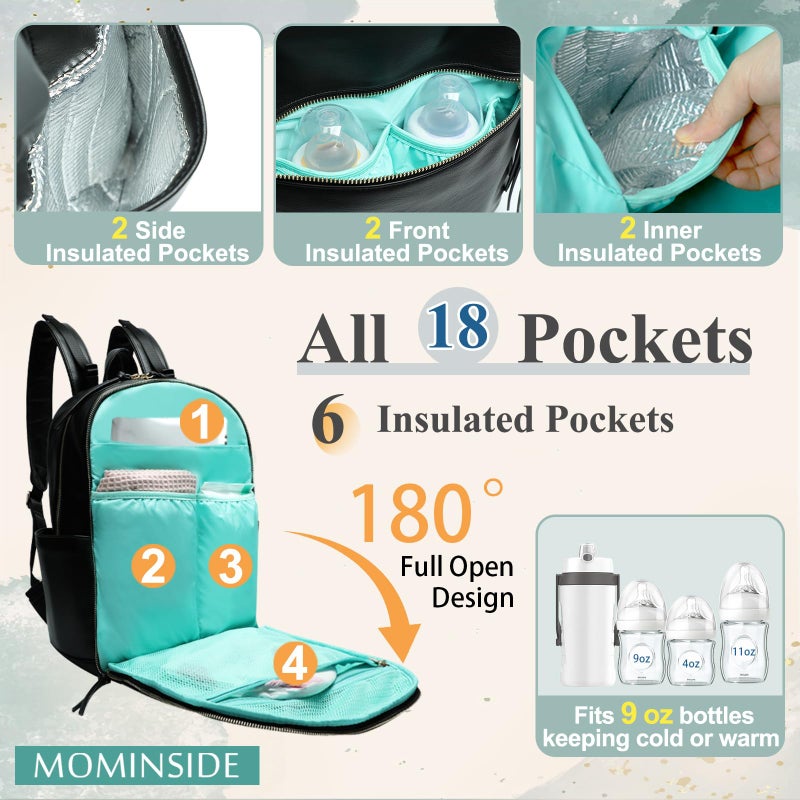 MOMINSIDE Diaper Bag Backpack Leather Diaper Bag with 6 Insulated Pockets, Baby Bag for Mom Dad, Baby Registry, Changing Pad, Stroller Straps,Diaper Backpack Diaper Bag Leather (Black) - Image 2